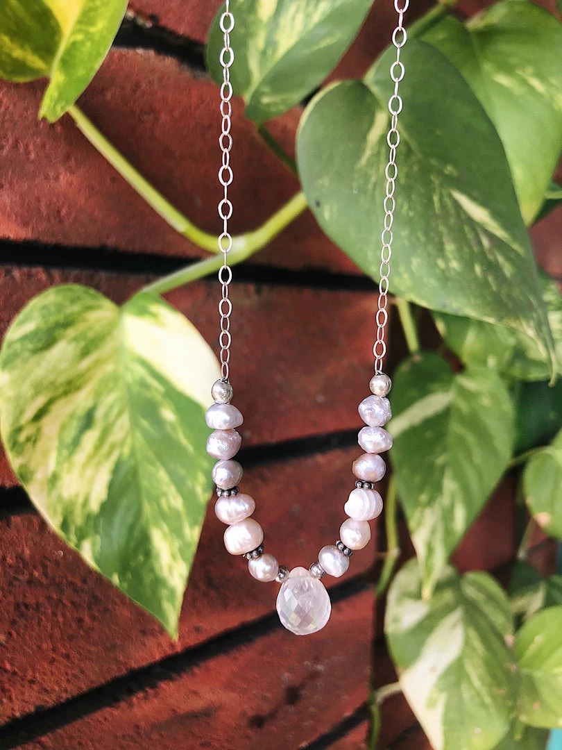 Grasshopper & Cricket Pink Pearl/Quartz Drop Necklace Jewelry 3 Grasshopper & Cricket Pink Pearl/Quartz Drop Necklace Jewelry